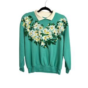 Vintage Sweatshirt Womens XL Turquoise Blue 80s Painted Flowers Collar Pullover